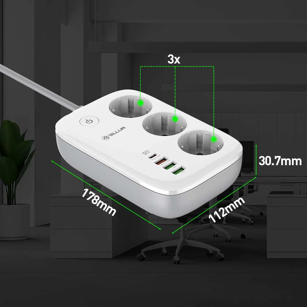 Tellur išmanusis WiFi maitinimo blokas, 3 lizdai, PD30W, QC18W, baltas