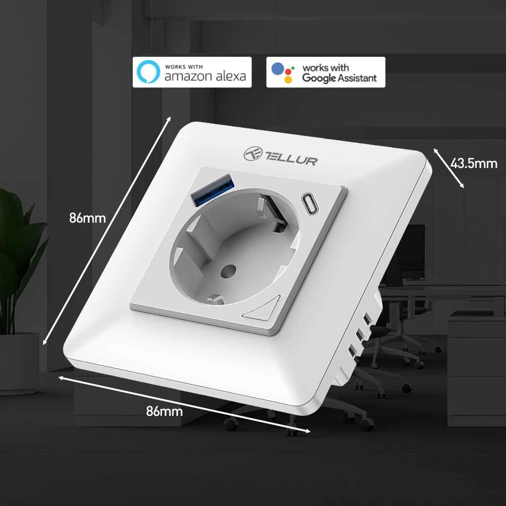 „Tellur“ išmanusis WiFi sieninis kištukas 3600 W 16 A, PD20 W, USB 18 W, energijos rodmuo, baltas
