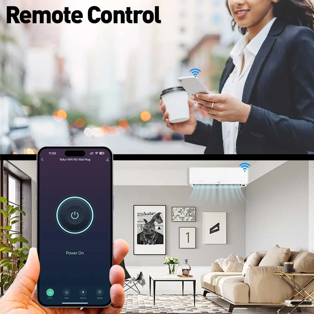 „Tellur“ išmanusis WiFi sieninis kištukas 3600 W 16 A, PD20 W, USB 18 W, energijos rodmuo, baltas