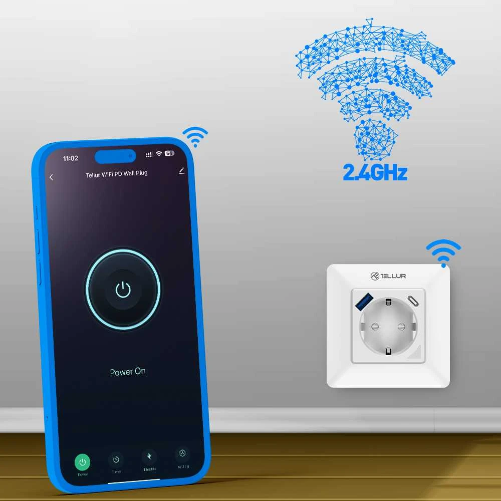 „Tellur“ išmanusis WiFi sieninis kištukas 3600 W 16 A, PD20 W, USB 18 W, energijos rodmuo, baltas