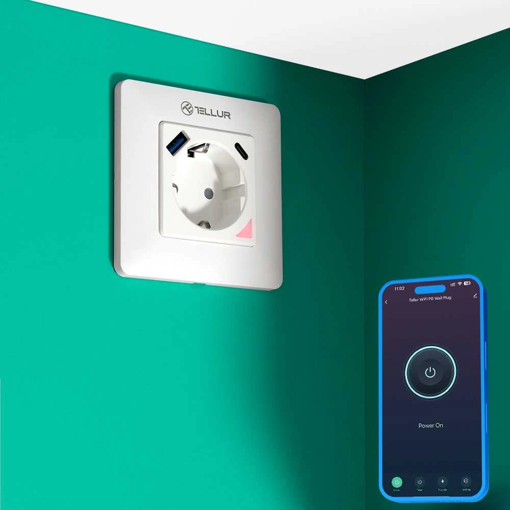 „Tellur“ išmanusis WiFi sieninis kištukas 3600 W 16 A, PD20 W, USB 18 W, energijos rodmuo, baltas