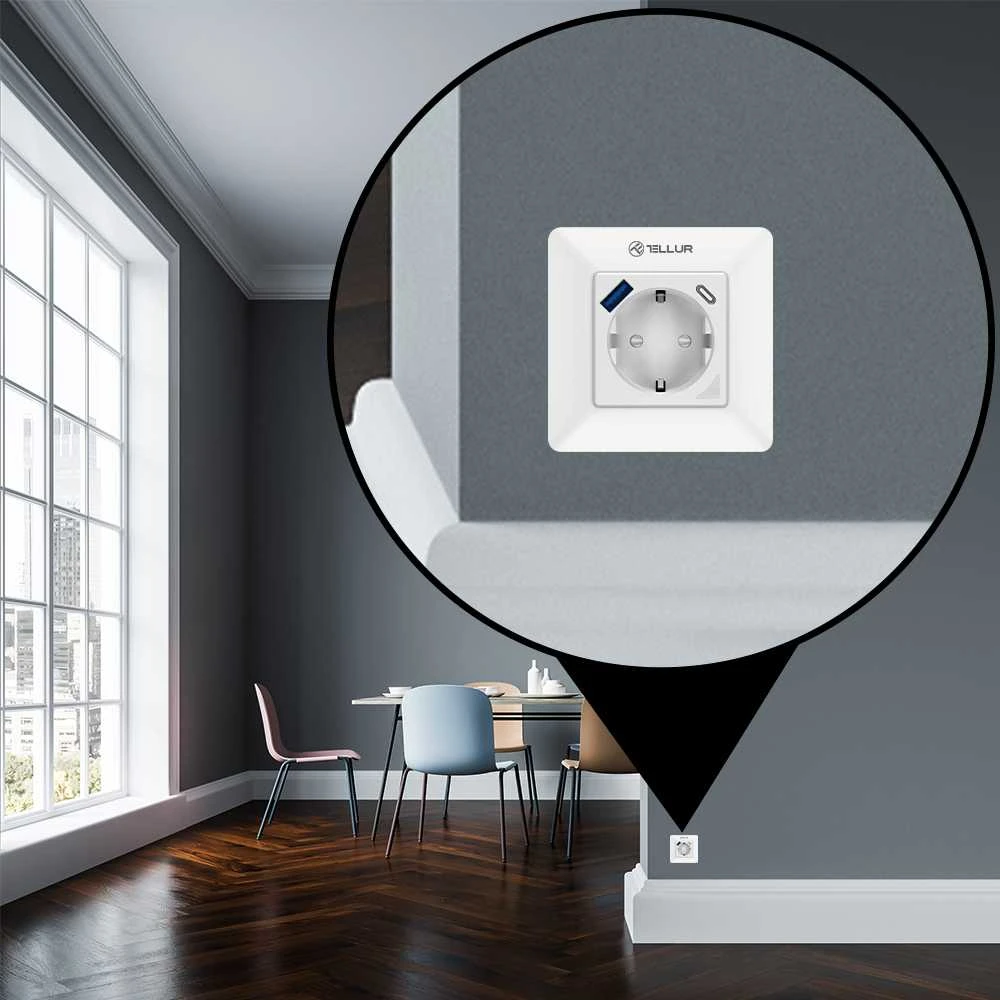 „Tellur“ išmanusis WiFi sieninis kištukas 3600 W 16 A, PD20 W, USB 18 W, energijos rodmuo, baltas