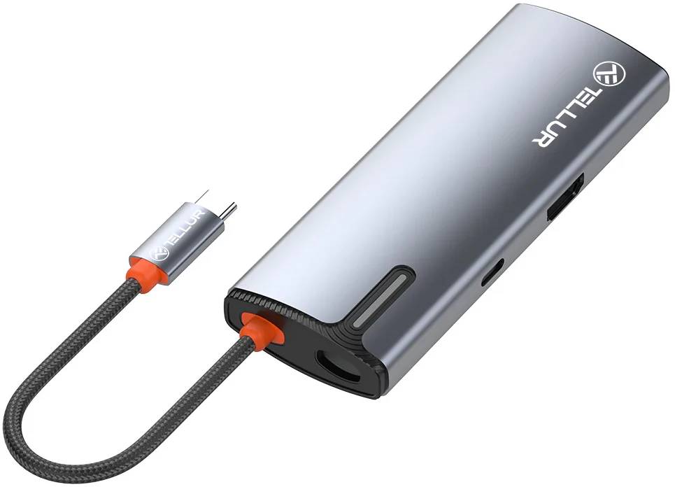 Tellur USB-C hub, 1xPD 3.0 100W, 1xHDMI 4K, 3xUSB 3.0, aluminum, Pilkas