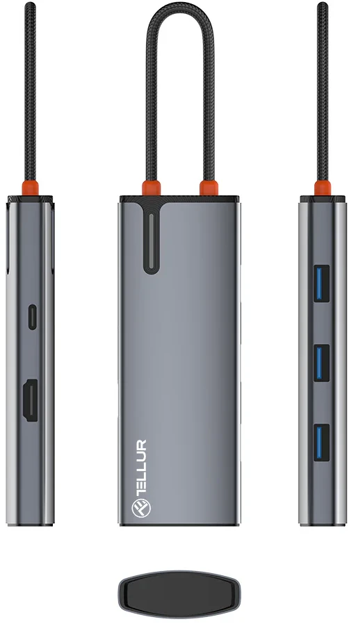 Tellur USB-C hub, 1xPD 3.0 100W, 1xHDMI 4K, 3xUSB 3.0, aluminum, Pilkas