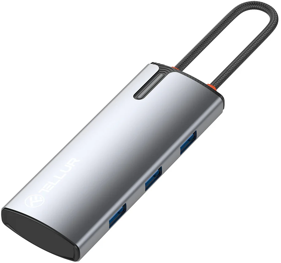 Tellur USB-C hub, 1xPD 3.0 100W, 1xHDMI 4K, 3xUSB 3.0, aluminum, Pilkas