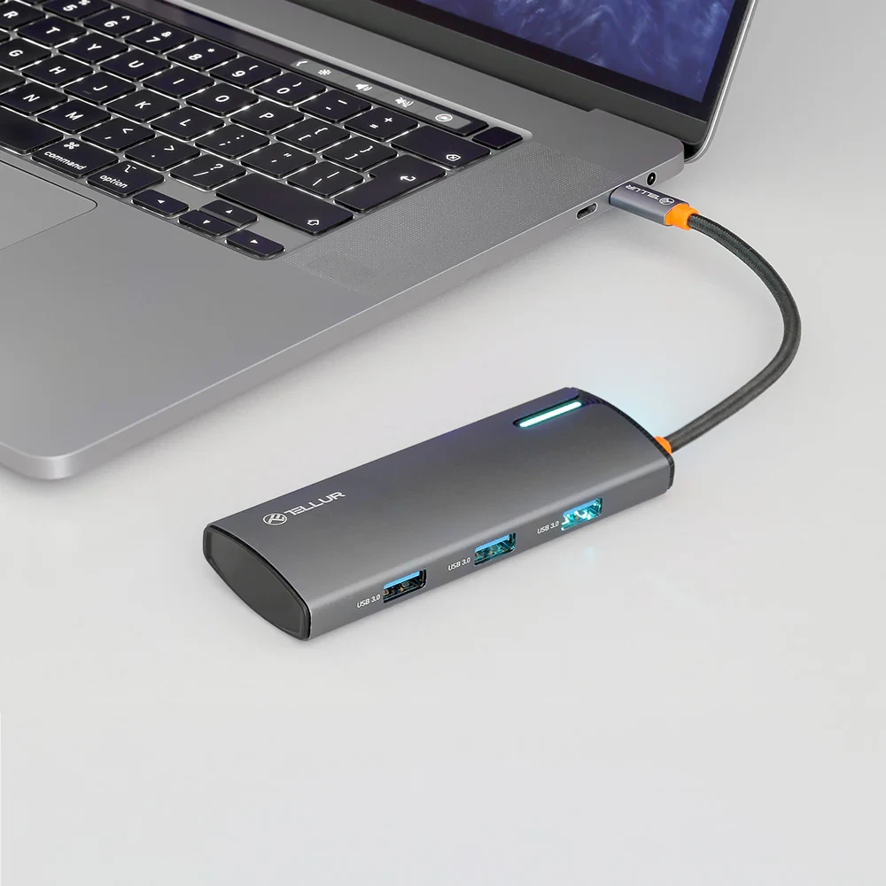 Tellur USB-C hub, 1xPD 3.0 100W, 1xHDMI 4K, 3xUSB 3.0, aluminum, Pilkas
