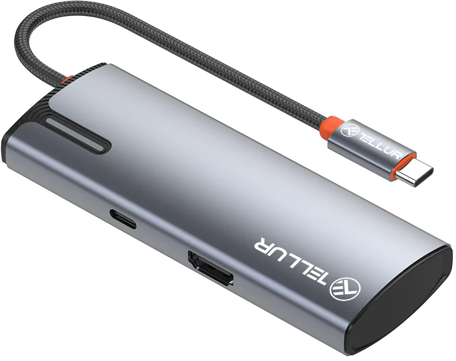 Tellur USB-C hub, 1xPD 3.0 100W, 1xHDMI 4K, 3xUSB 3.0, aluminum, Pilkas