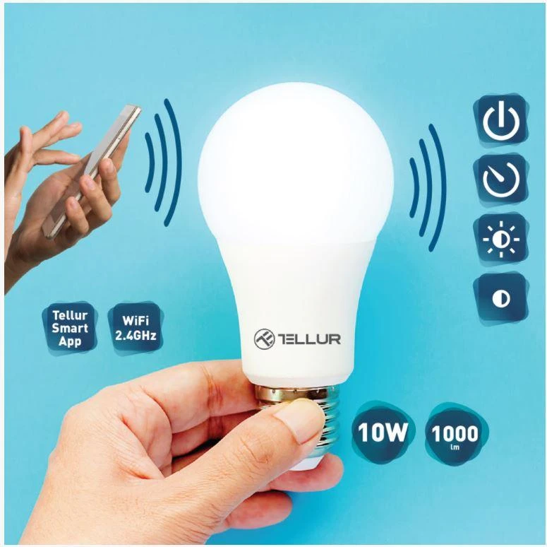 Tellur WiFi Smart Bulb E27, 10W, baltas/warm, dimmer
