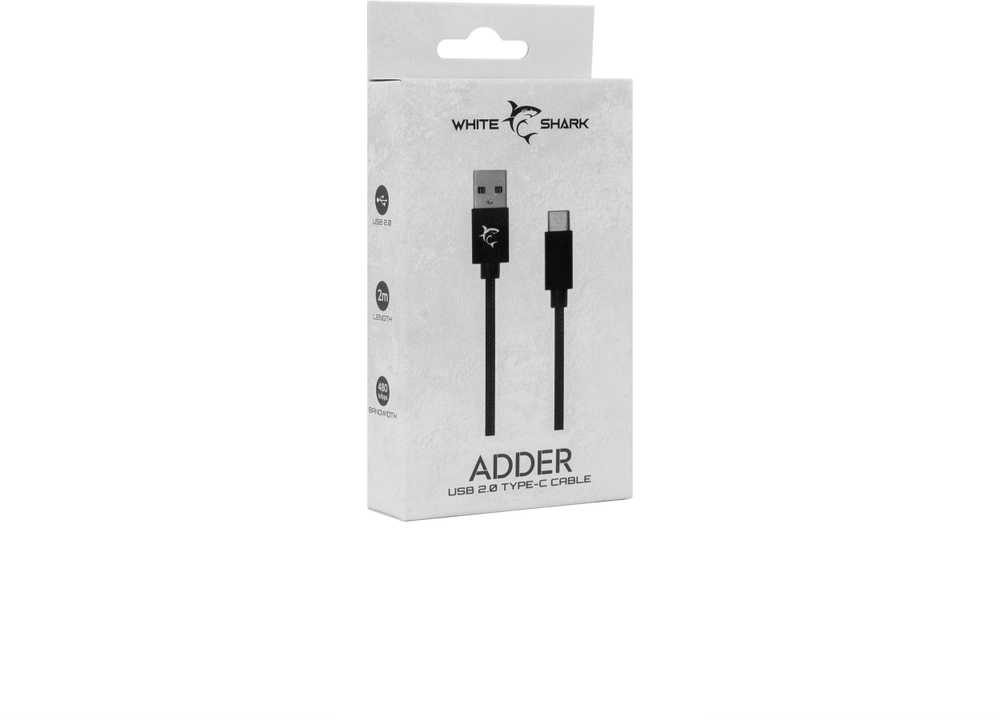 White Shark Juodas pintas USB-A į USB-C laidas, 2 m