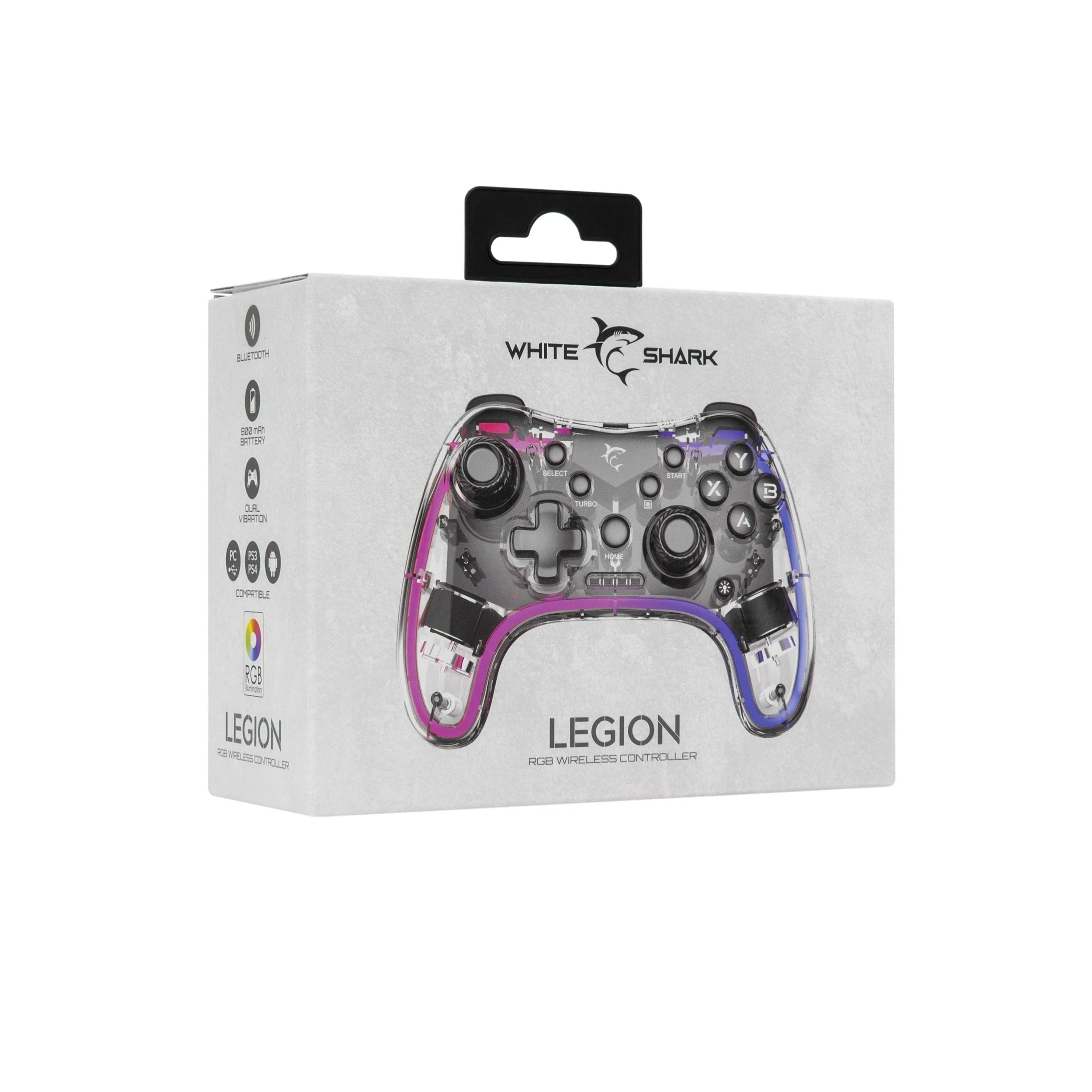 White Shark „Baltas Shark Baltas Shark GAMEPAD LEGION“ belaidis valdiklis, skirtas asmeniniams kompiuteriams, PS3/PS4, „Android“, „IOS“, permatomas (GPW-8039)
