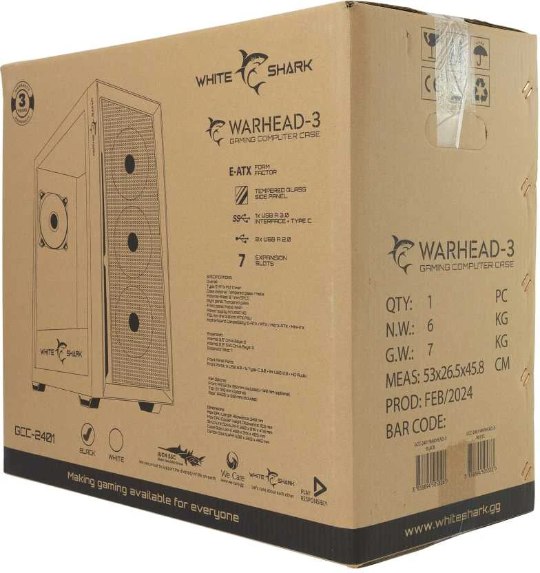 White Shark Baltas Shark GCC-2401 Warhead-3 Juodas 4 Fans 12cm RGB