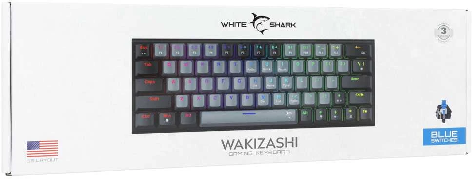 White Shark Baltas Shark Baltas Shark klaviatūra WAKIZASHI-2, mechaninė / US išdėstymas – Mėlynas SW, pilkos spalvos/juodos spalvos (GK-002721V2)