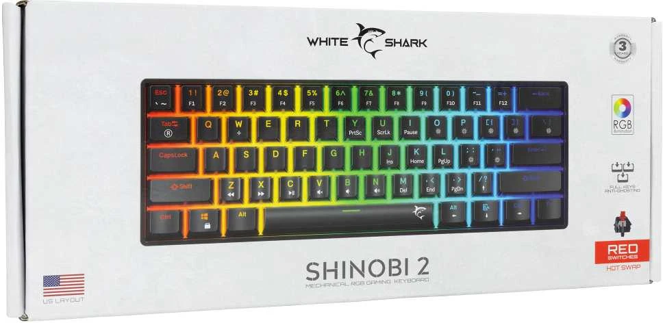 White Shark Klaviatūra žaidimams Baltas Shark Shinobi Raudona su laidu mechaninė su pašvietimu juoda
