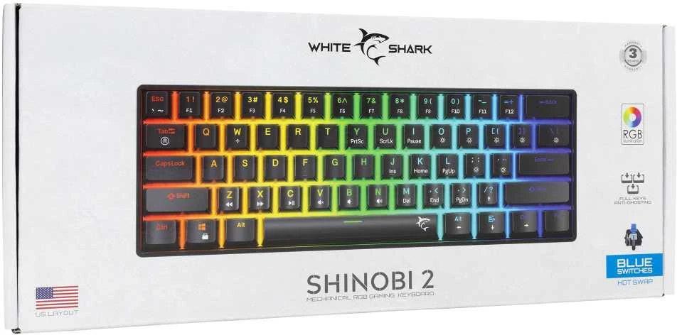 White Shark Mėlyna Klaviatūra žaidimams Baltas Shark Shinobi Mėlyna su laidu mechaninė su pašvietimu juoda