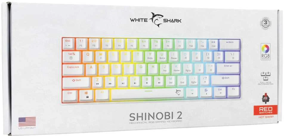 White Shark Klaviatūra žaidimams Baltas Shark Shinobi Raudona su laidu mechaninė su pašvietimu balta