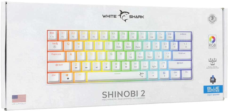 White Shark Mėlyna Klaviatūra žaidimams Baltas Shark Shinobi Mėlyna su laidu mechaninė su pašvietimu balta