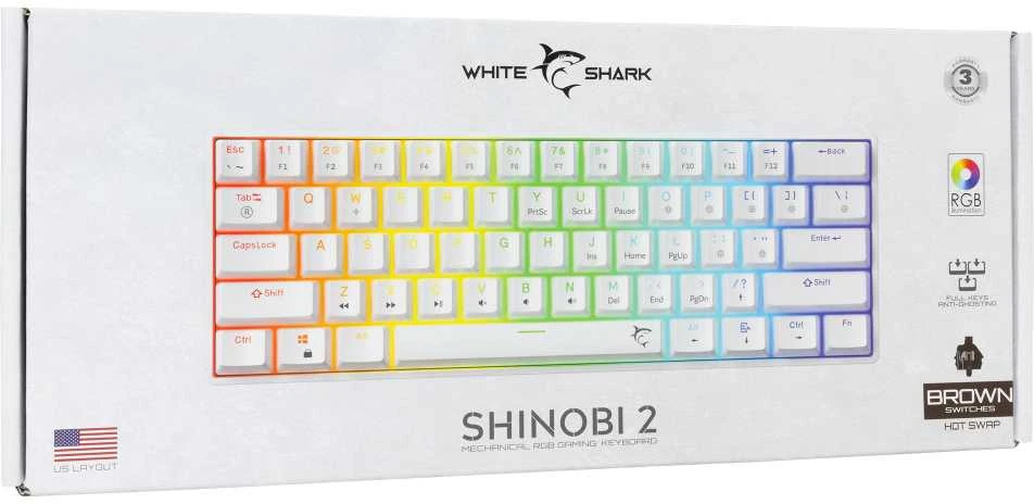 White Shark Baltas Shark Baltas Shark žaidimų mechaninė klaviatūra SHINOBI 2 , US išdėstymas, Brown switch, Baltas (GK-004231)
