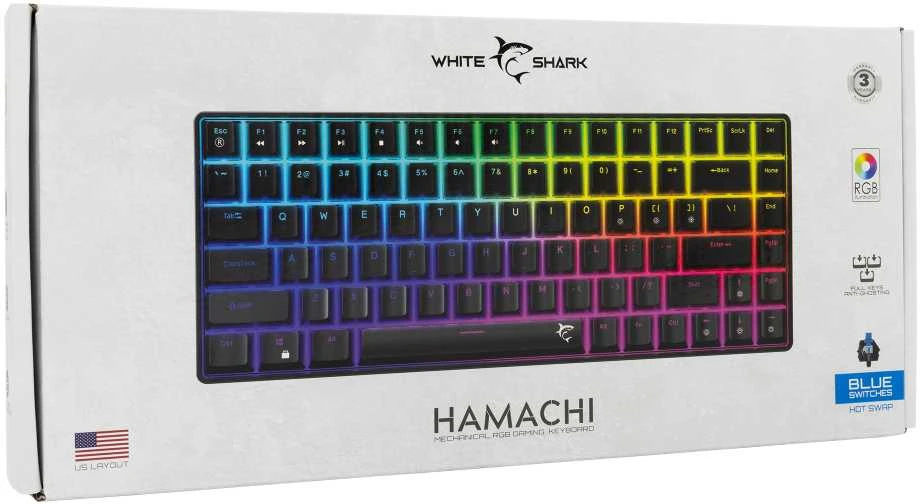 White Shark Baltas Shark Baltas Shark HAMACHI Gaming Membrane Klaviatūra, RGB Lighting, Mėlyna Switch, US išdėstymas, Juodas (GK-1927)