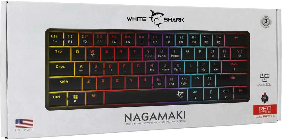 White Shark Baltas Shark Baltas Shark žaidimų klaviatūra NAGAMAKI, US išdėstymas, red switch, juodos spalvos (GK-006111)