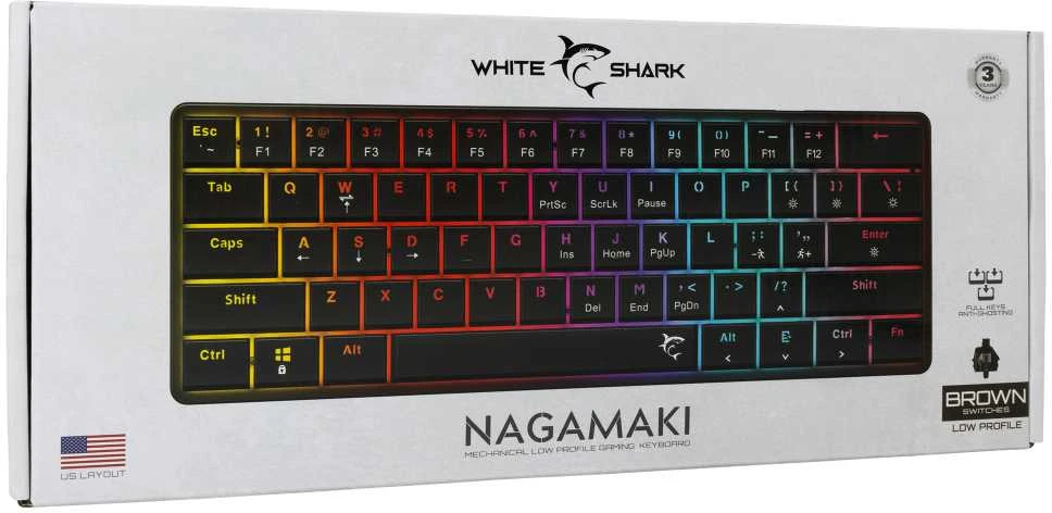 White Shark Baltas Shark Baltas Shark NAGAMAKI žaidimų mechaninė klaviatūra, US išdėstymas, Brown Switch, juodos spalvos (G-006131)
