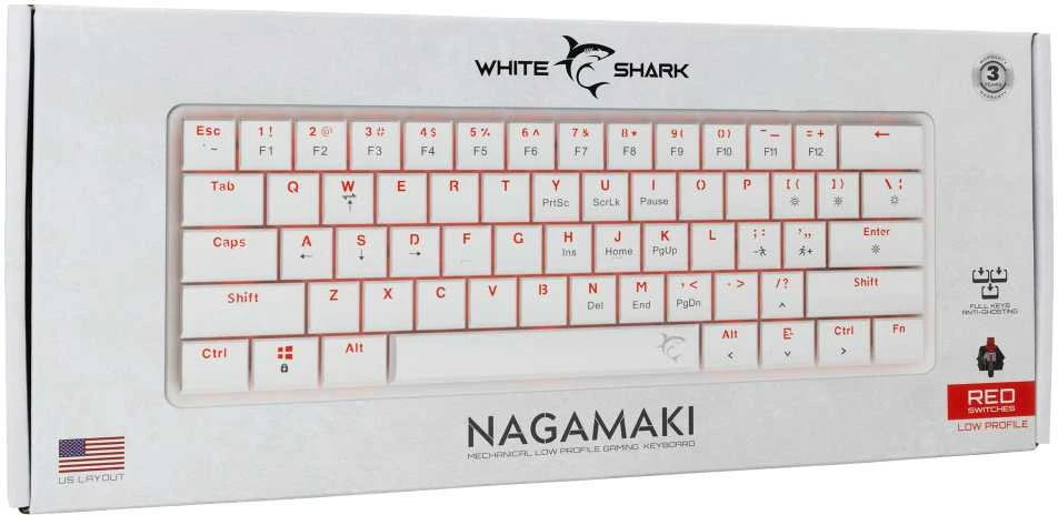 White Shark Baltas Shark Baltas Shark gaming mechaninė klaviatūra NAGAMAKI, US išdėstymas, red switch, baltos spalvos (GK-006211)