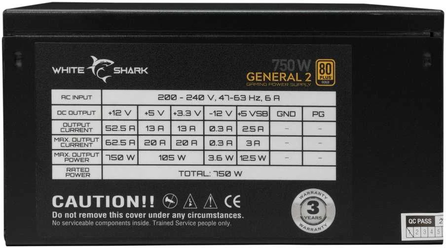 White Shark „Baltas Shark Baltas Shark GPSU-750W General-2 750W 80+ GOLD“ pilnai modulinis