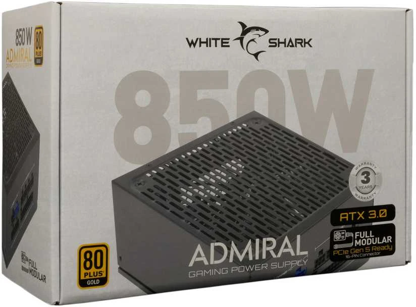White Shark „Baltas Shark Baltas Shark GPSU-850W Admiral 850W 80+ GOLD“ pilnai modulinis