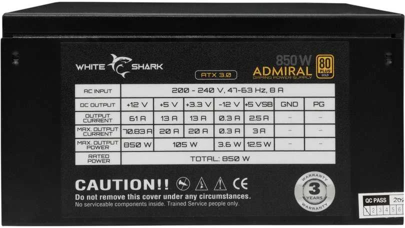White Shark „Baltas Shark Baltas Shark GPSU-850W Admiral 850W 80+ GOLD“ pilnai modulinis