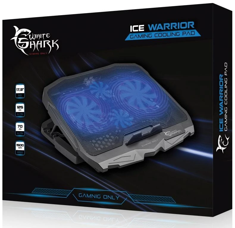 Aušinimo stovas nešiojamam kompiuteriui White Shark Ice Warrior, iki 17,3", 4 ventiliatoriai, mėlynas pašvietimas