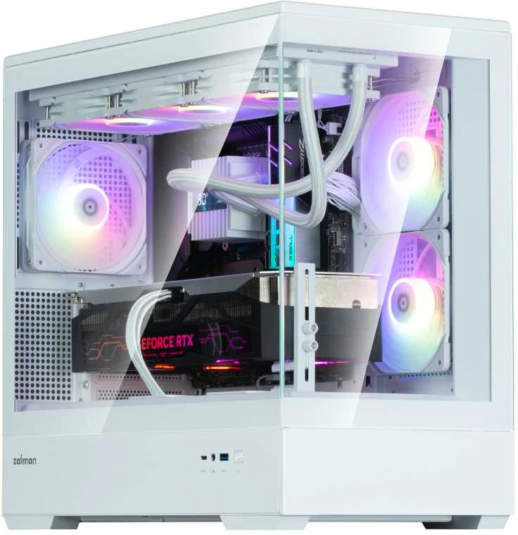 Zalman P30 V2 Baltas micro-ATX grūdinto stiklo panoraminis vaizdas 3 x 120 mm ARGB ventiliatorius