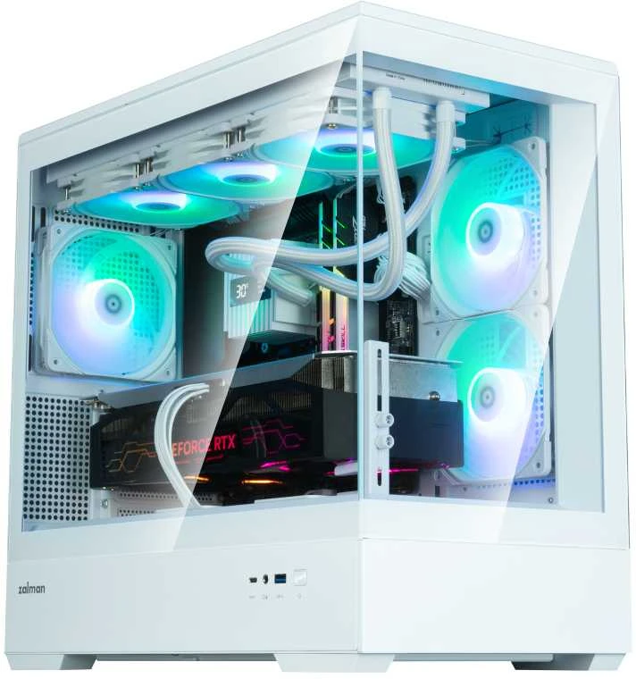 Zalman P30 V2 Baltas micro-ATX grūdinto stiklo panoraminis vaizdas 3 x 120 mm ARGB ventiliatorius