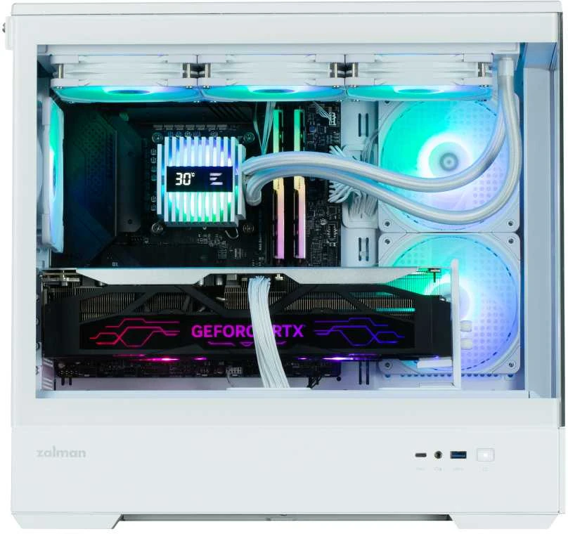 Zalman P30 V2 Baltas micro-ATX grūdinto stiklo panoraminis vaizdas 3 x 120 mm ARGB ventiliatorius