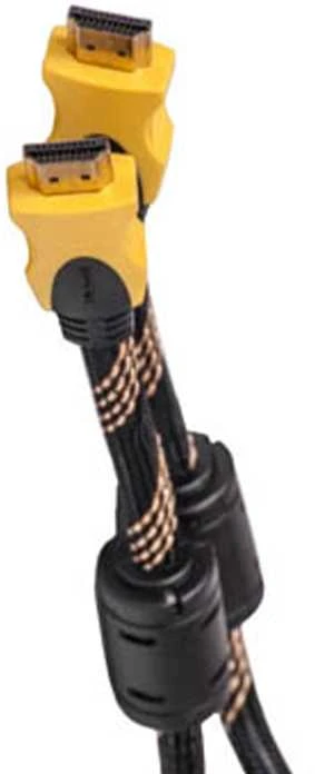 HDMI laidas su geltonais antgaliais ir filtrais