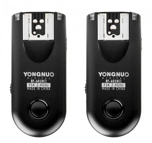 Dviejų Yongnuo RF603C II blykstės paleidiklių rinkinys su C1 skirta Canon kabeliams