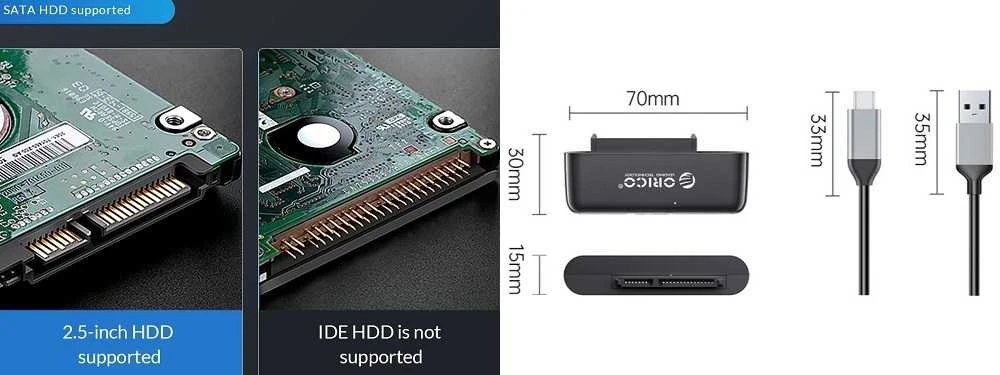 2.5” SATA - USB3.0 adapteris ORICO UTS3-3A su 1m kabeliu