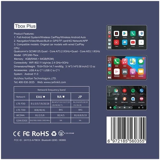 Carlinkit TBOX-Plus 4+64GB Wireless Adapter Apple CarPlay / Android Auto, Mėlynas - belaidis adapteris