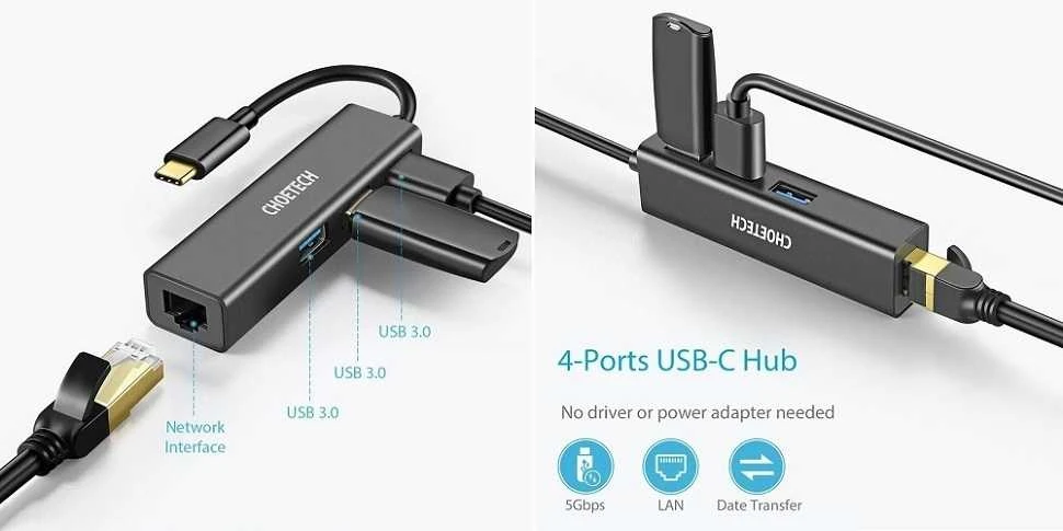 Adapteris CHOETECH USB Type-C – 1x RJ-45, 3x USB Type-A