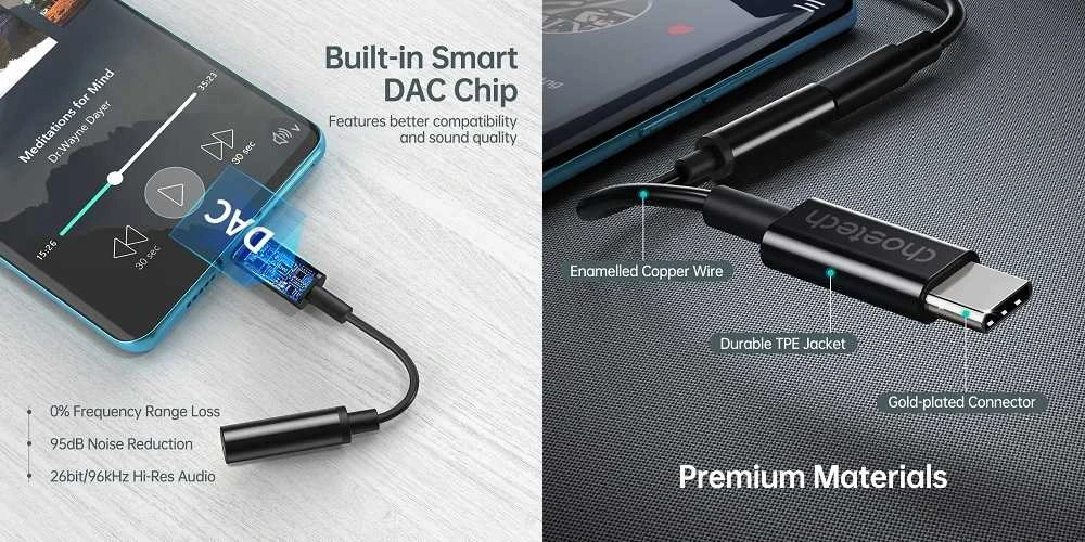 Adapteris CHOETECH USB Type-C (M) - ausinių jungtis 3.5mm (F)