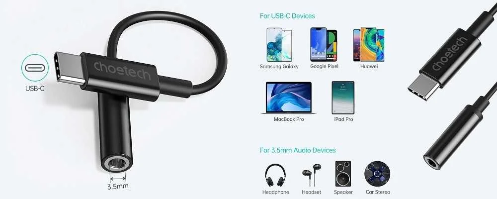 Adapteris CHOETECH USB Type-C (M) - ausinių jungtis 3.5mm (F)