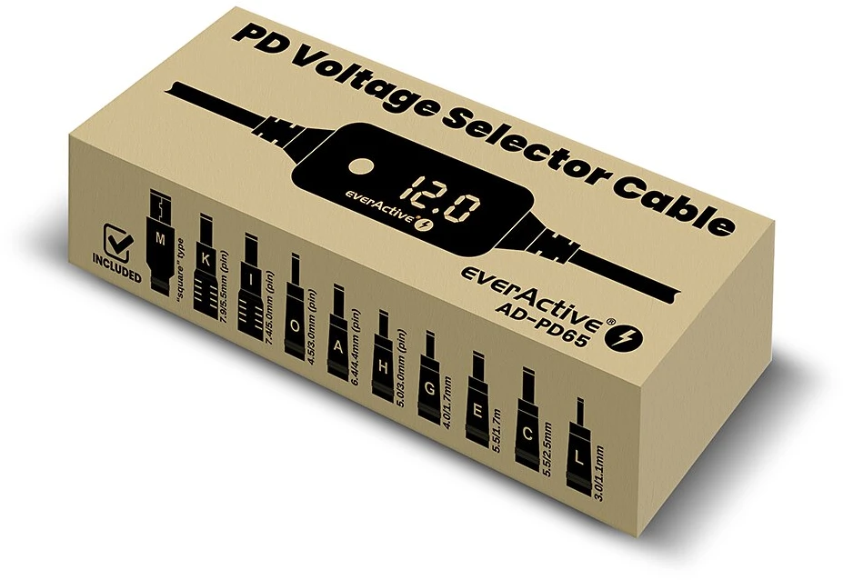 Adapteriai - „everActive AD-PD65“ universalus įtampos adapteris 5–20 V nuolatinė srovė, USB-C PD, 10 kištukų