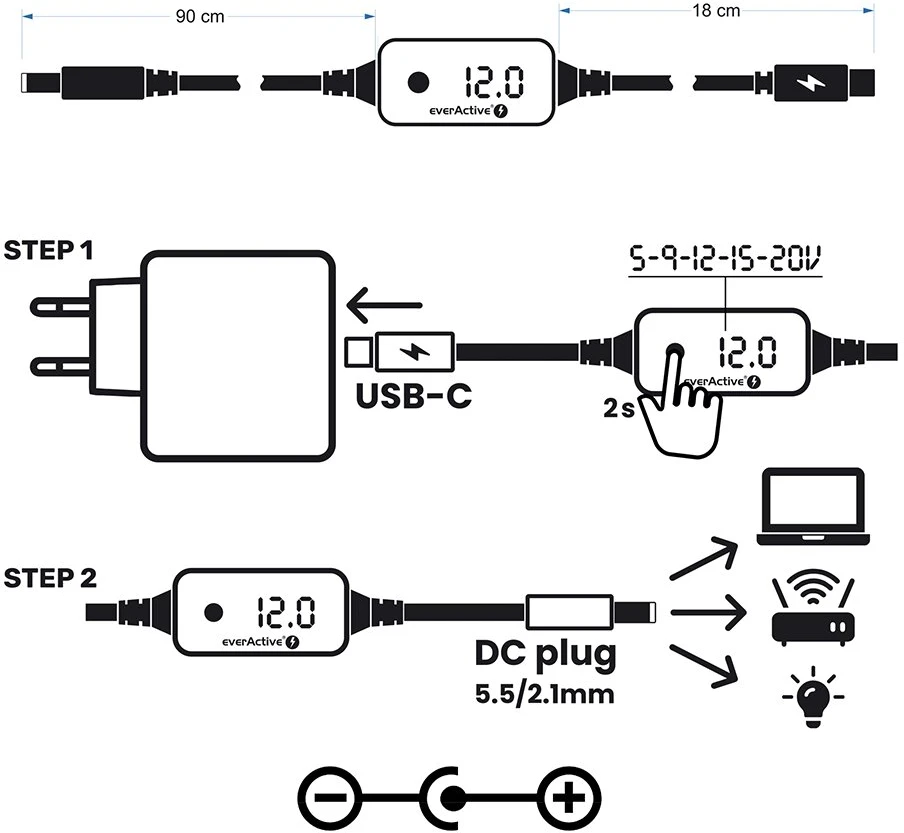 Adapteriai - „everActive AD-PD65“ universalus įtampos adapteris 5–20 V nuolatinė srovė, USB-C PD, 10 kištukų