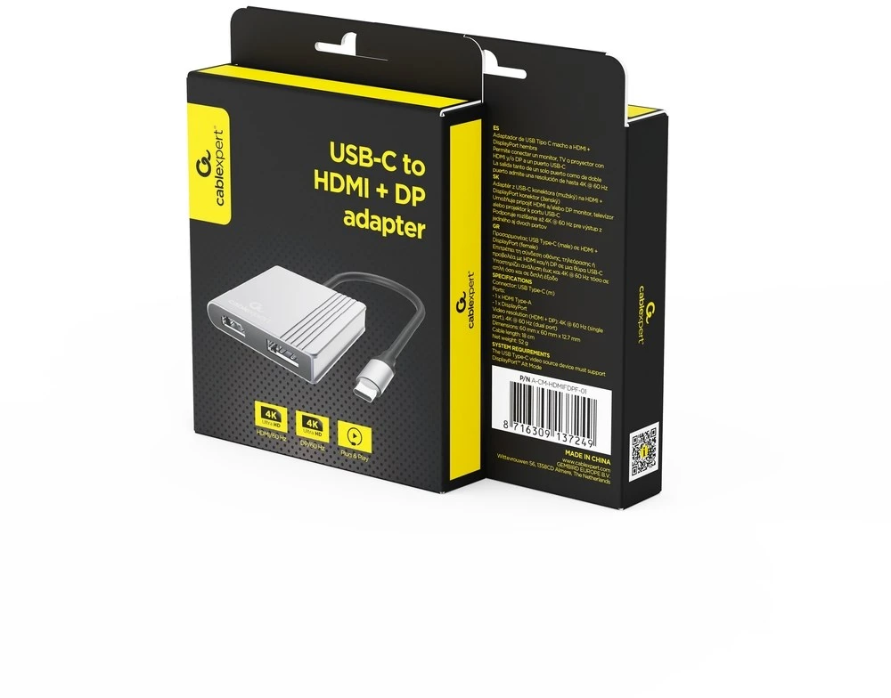 Gembird A-CM-HDMIFDPF-01 USB-C į HDMI + DP adapteris, 4K 60Hz, juodas