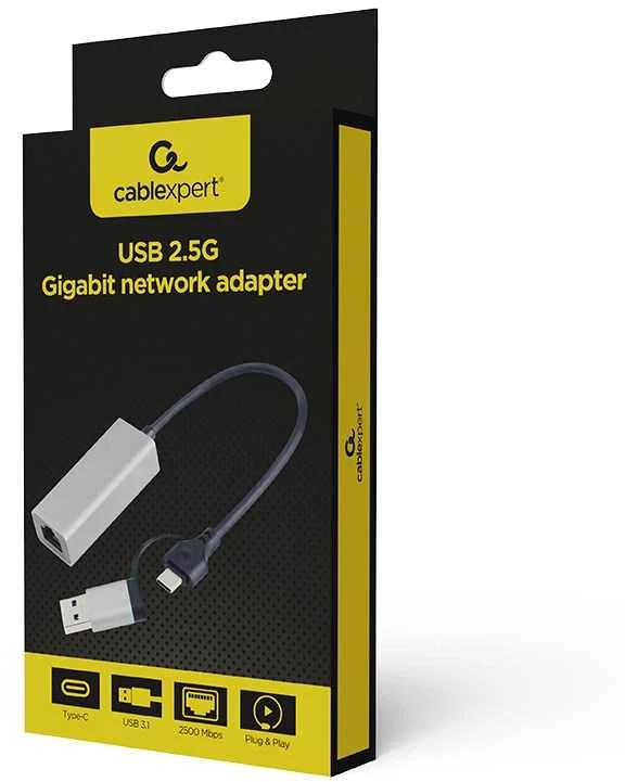 „Gembird A-USB3AC-LAN2G-01“ USB 2.5G gigabito tinklo adapteris, pilkas