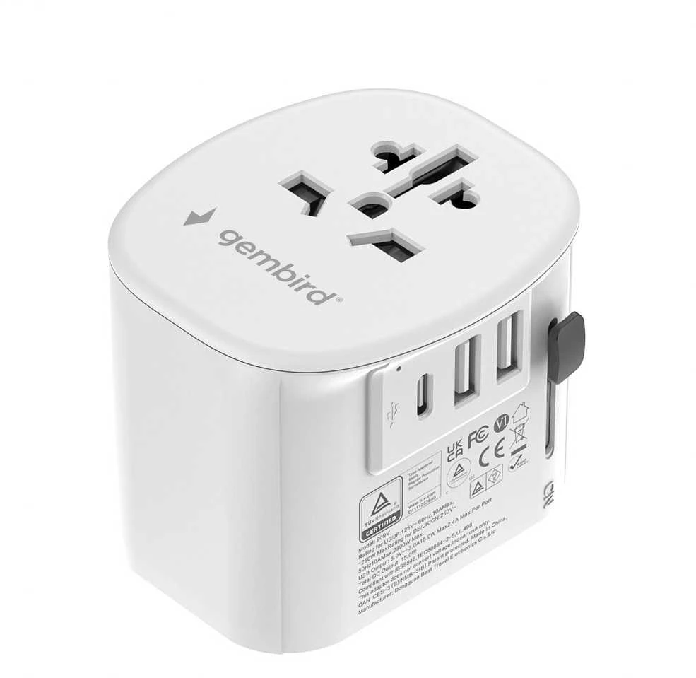 Gembird TPA-EU2A1C15-01-W įžemintas universalus kelioninis maitinimo adapteris, 15 W, baltas