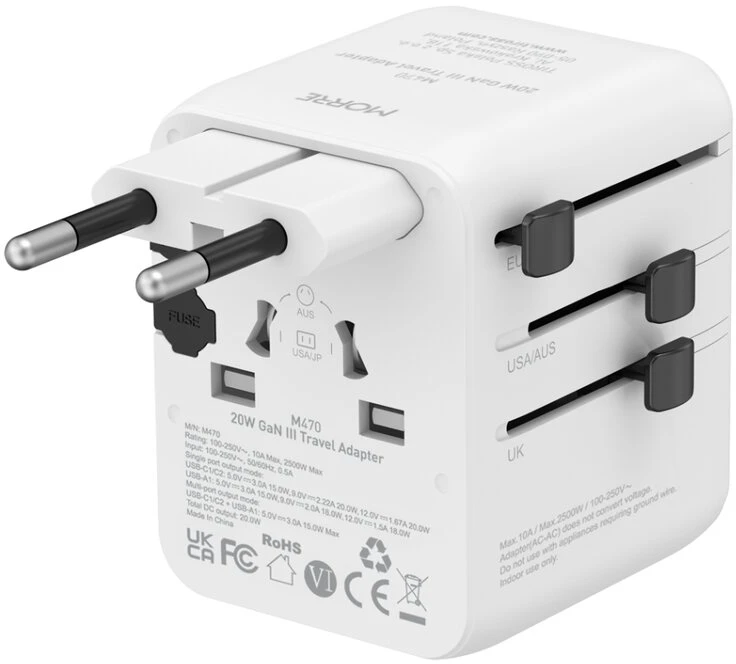 Tiross Adapteris - Morre M470 20W 2xUSB-C 1xUSB-A Kelioninis Įkroviklis Juodas