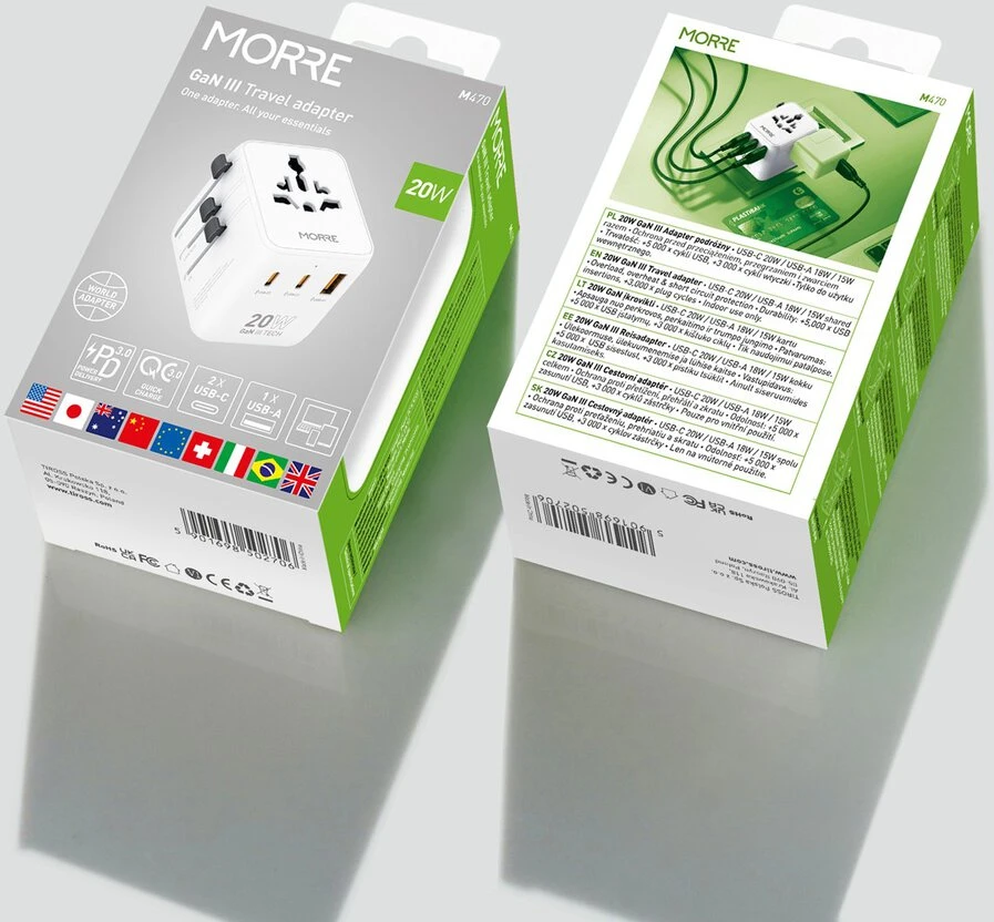 Tiross Adapteris - Morre M470 20W 2xUSB-C 1xUSB-A Kelioninis Įkroviklis Juodas