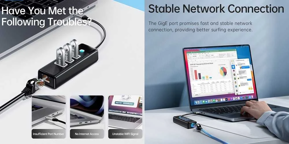 Orico USB ir LAN adapteris su jungčių schema