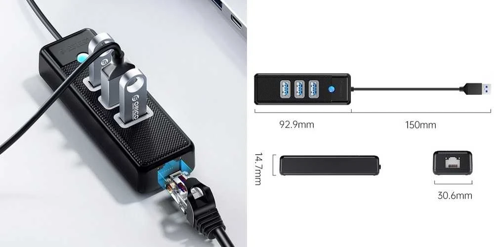 Adapteris ORICO PW3UR-U3, 3x USB ir 1x RJ45