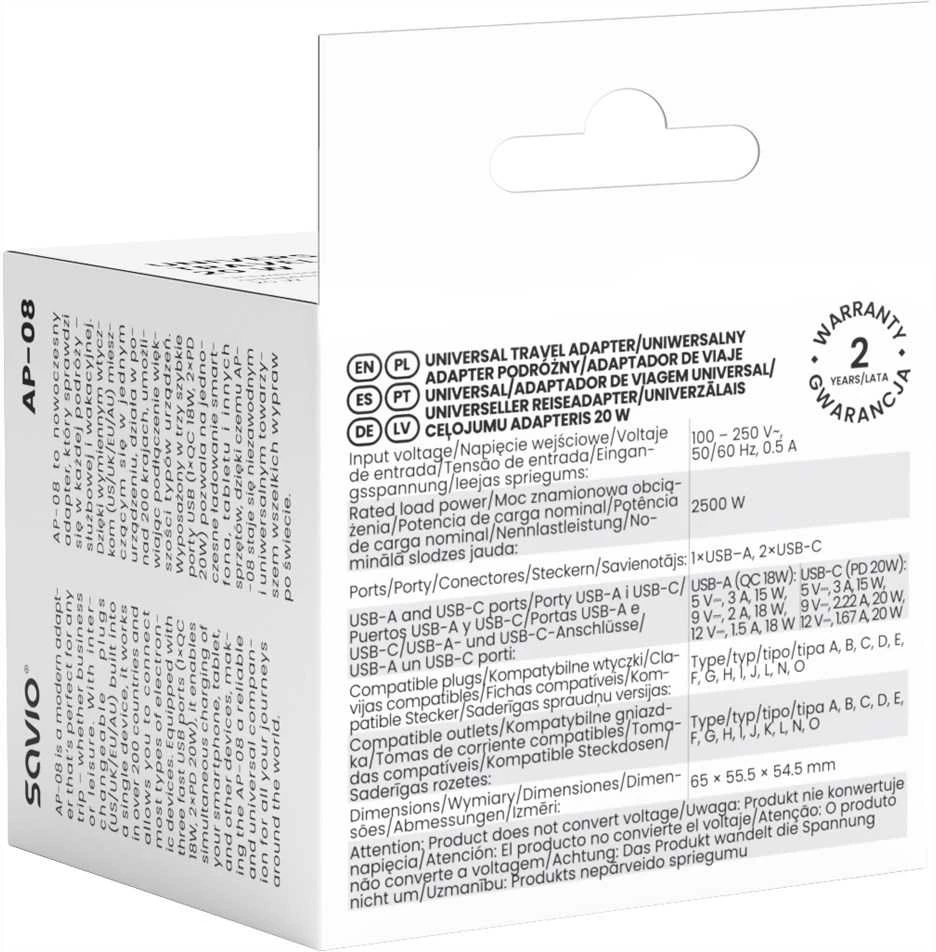 Savio AP-08 maitinimo adapteris/inverteris 20 W Baltas