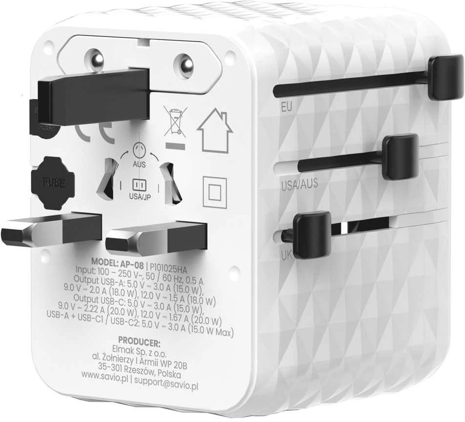 Savio AP-08 maitinimo adapteris/inverteris 20 W Baltas
